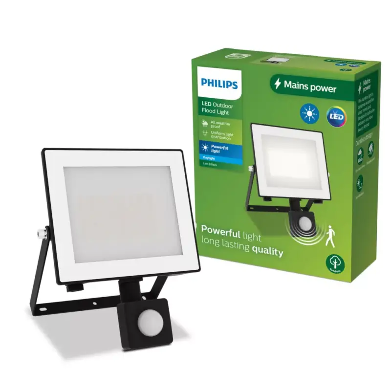 Árcsökkenés LED reflektor lámpa reflektor 30 W 3200lm 5000K IP65 mozgás- és alkonyérzékelővel, Black Lois Philips