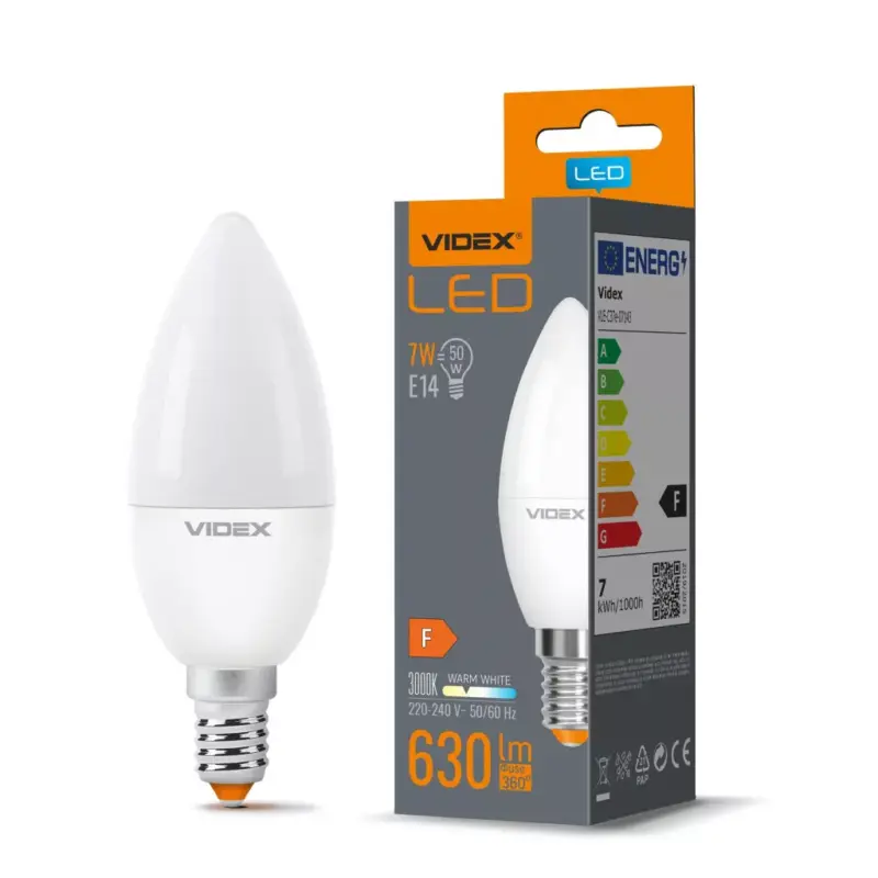 LED izzó E14 C37 Gyertya 7W = 50W 630lm 3000K Meleg 220° Videx Kedvezmény