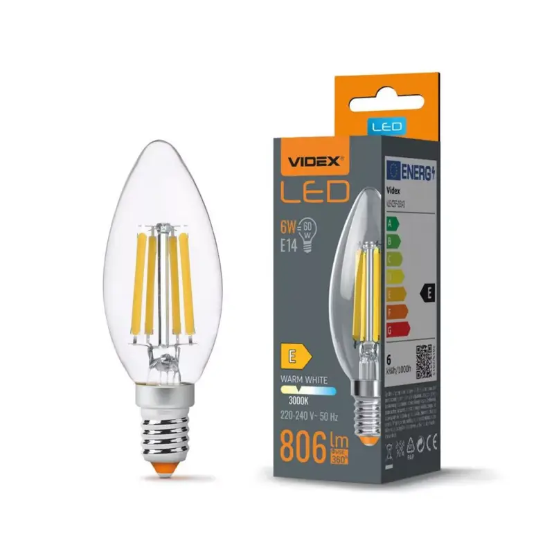 LED izzó E14 C35 Gyertya 6W = 60W 806lm 3000K Meleg 360° FILAMENT Videx Szuper ajánlat