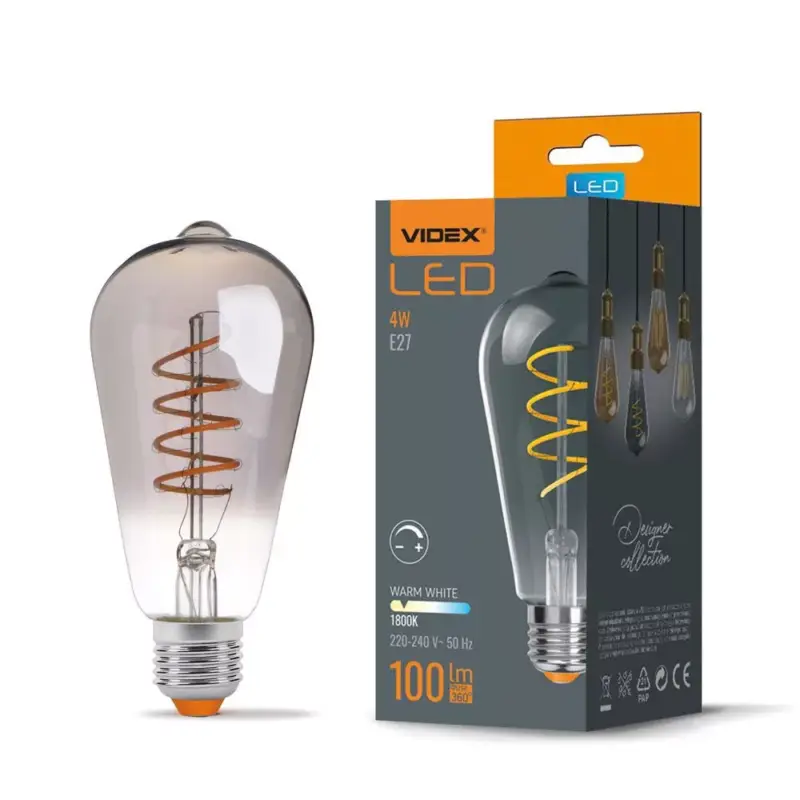 Árcsökkenés LED izzó E27 ST64 Edison 4W 100lm 1800K Meleg 360° FILAMENT füstölt szabályozható Videx