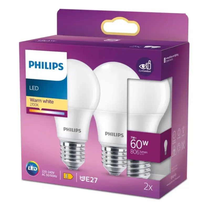 2x LED izzó E27 A60 7W = 60W 806lm 2700K Meleg 150° PHILIPS Azonnal elérhető