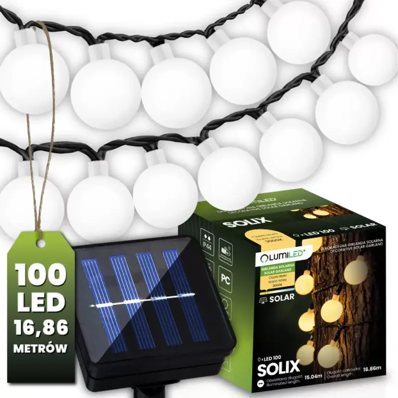 Napelemes kerti girland 100x LED dekoratív gömb 16,86 m 3000K Meleg SOLIX LUMILED Olcsóbb