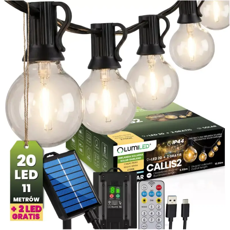 Napelemes kerti girland 20x LED dekoratív gömb 10,55 m 2700K Meleg szín + Távirányítós CALLIS2 LUMILED Szuper ajánlat