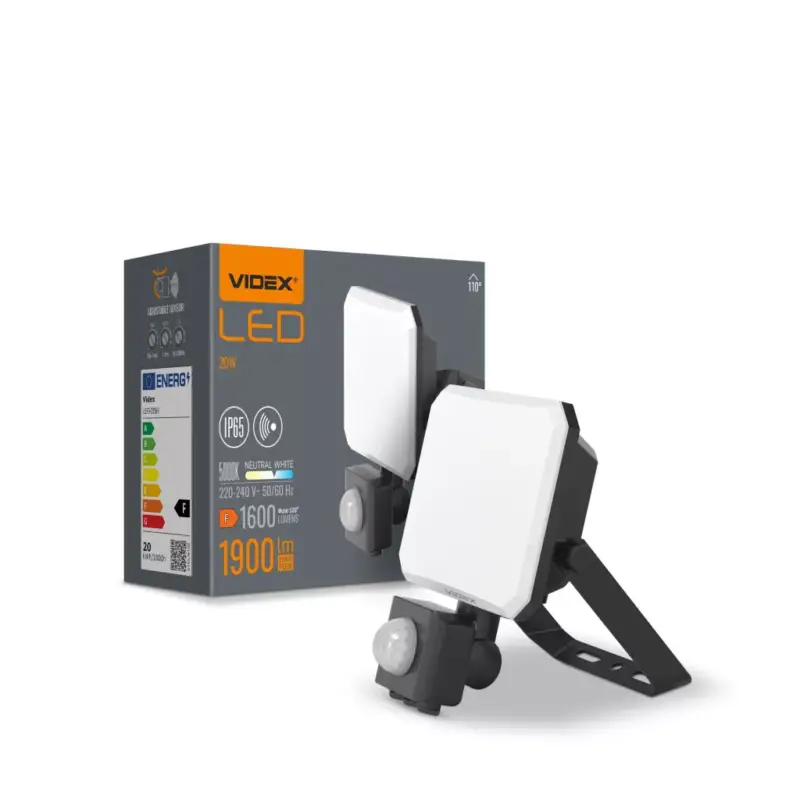 Expressz kézbesítés LED reflektor 20W 1900lm 5000K hidegfényű mozgás- és alkonyérzékelővel, fekete, tejszerű burával, Videx
