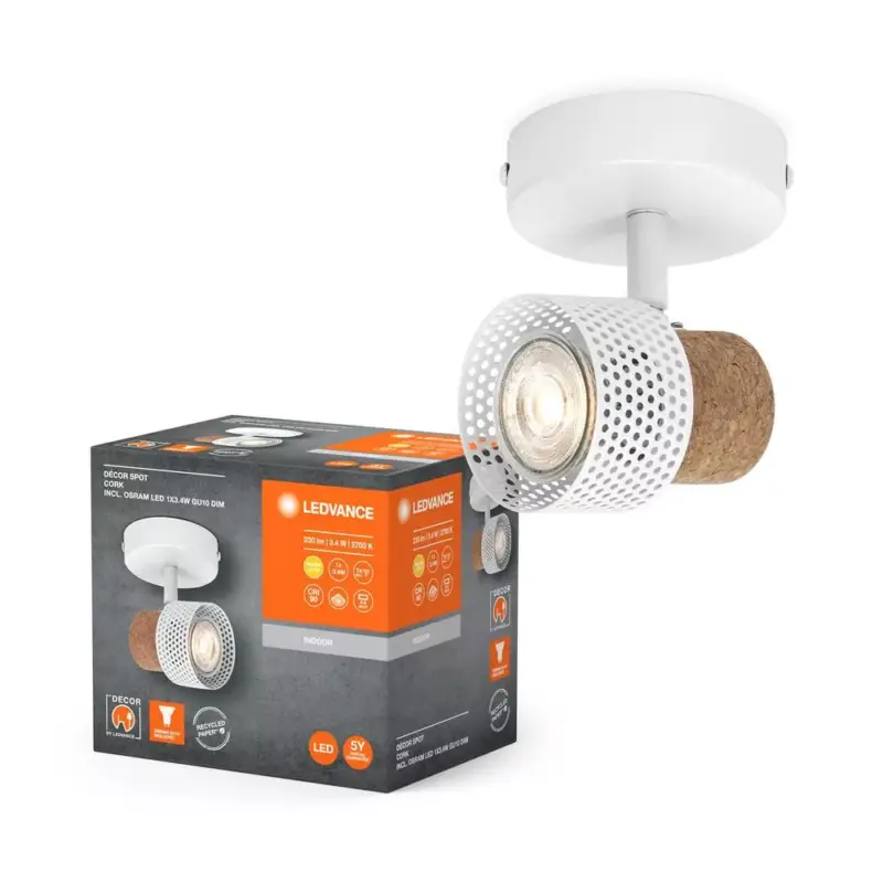 LED fali mennyezeti lámpa, fali lámpa, felületre szerelhető, 3,4 W, 230 lm, 3000 K, meleg, szabályozható fényerővel, dekoratív fehér pontfény, parafa, Ledvance Biztonságos vásárlás