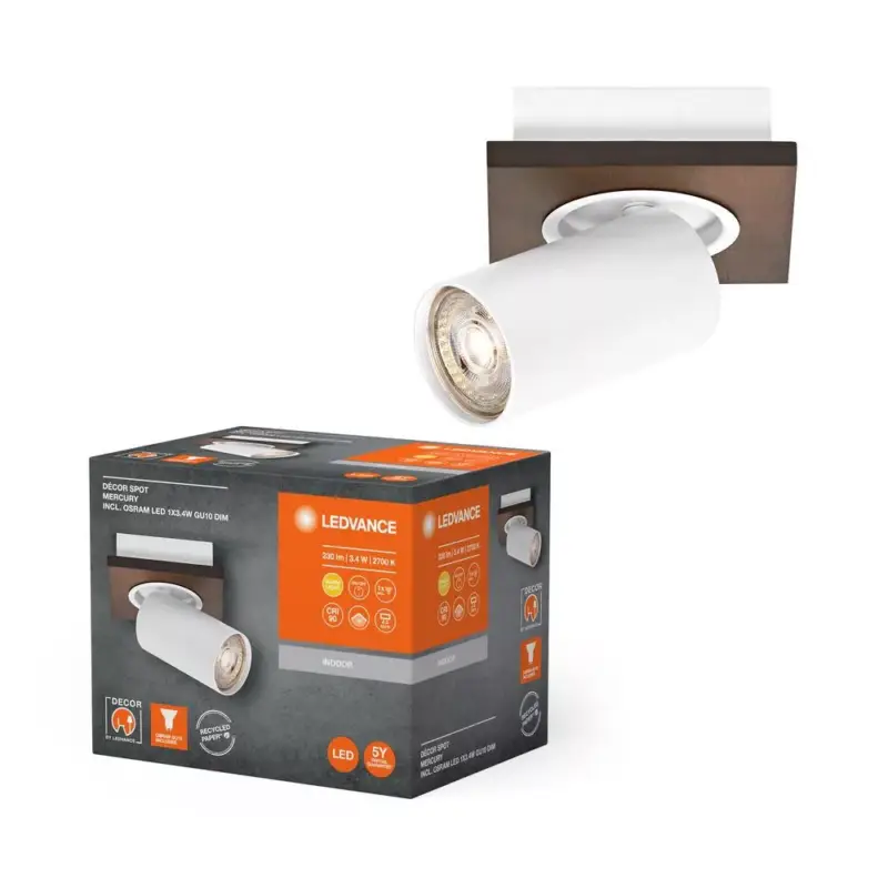 Korlátozott ajánlat LED fali mennyezeti lámpa, felületre szerelhető, 3,4 W, 230 lm, 3000 K, meleg, szabályozható fényerővel, dekoratív fehér, barna spotlámpa, higany, Ledvance