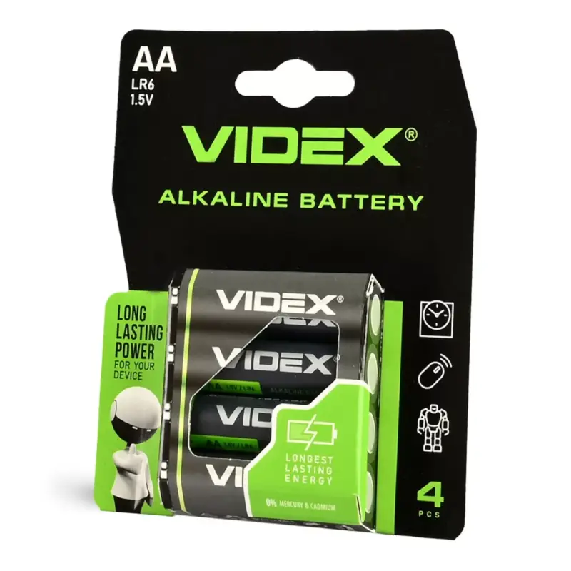 Videx LR6 AA alkáli elemek, kicsi, 1,5 V, 4 db-os blisztercsomag Végkiárusítás
