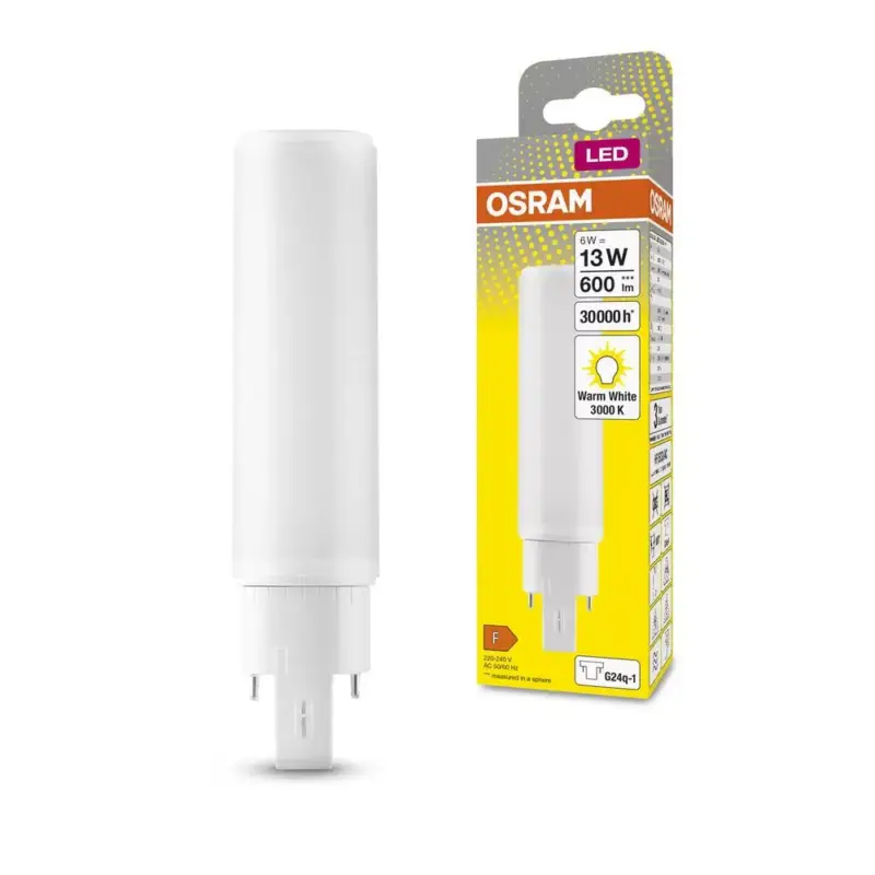 LED fénycső, egyoldalas, G24q-1, 6W = 13W, 600lm, 3000K, meleg, 120°, DULUX LED D/E HF és AC, Osram Ne maradj le