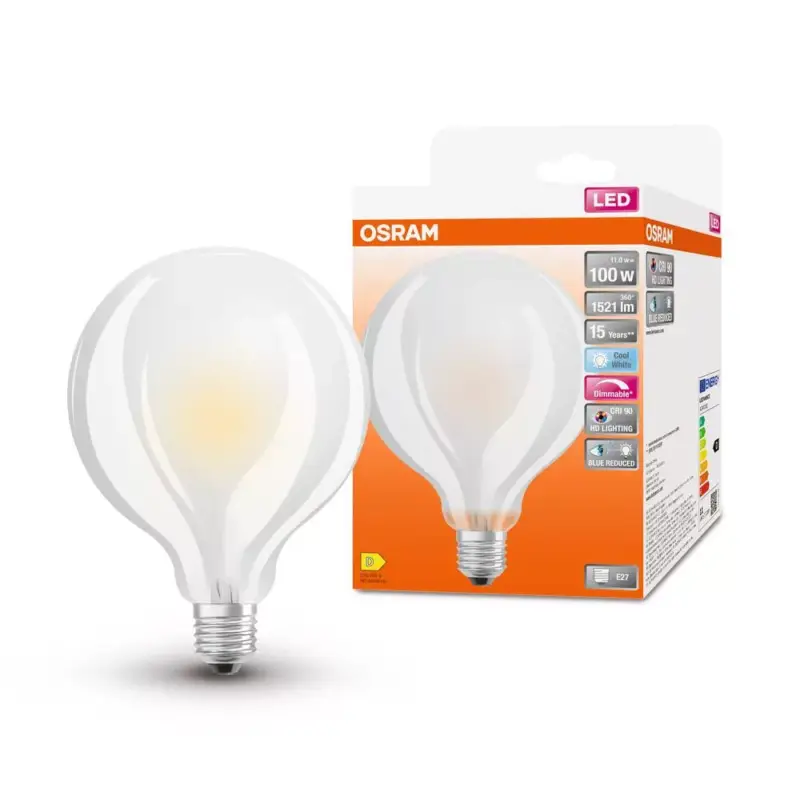 Akciós ár LED izzó G95 gömb alakú E27 11W = 100W 1521lm 4000K Semleges CRI90 300° Izzószálas, szabályozható fényerővel SUPERSTAR PLUS CLASSIC Osram