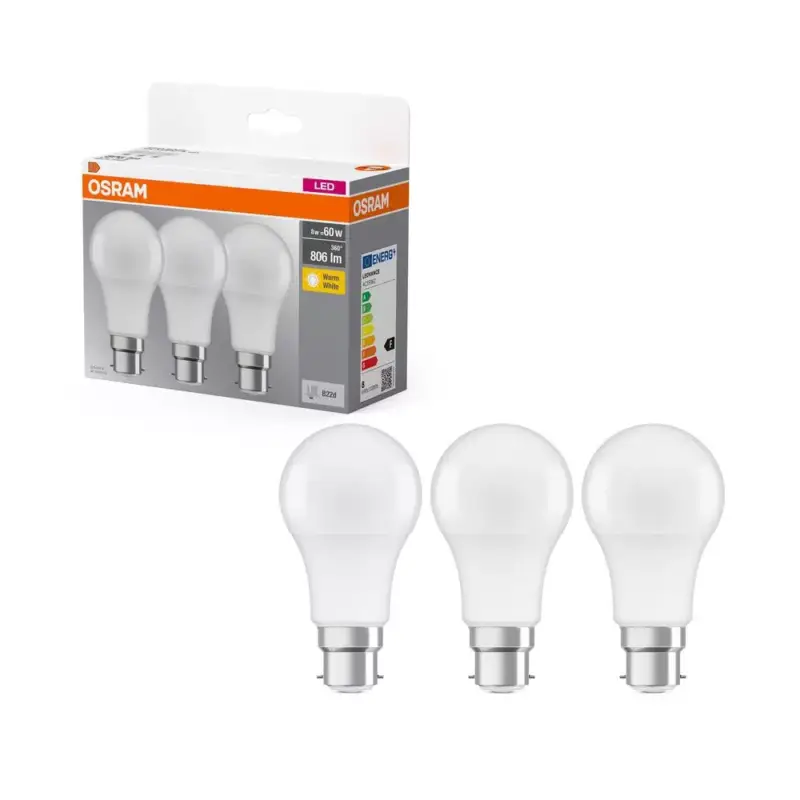 3x LED izzó A60 B22d 8W = 60W 806lm 2700K Meleg 150°-os foglalat Osram Akciós ár