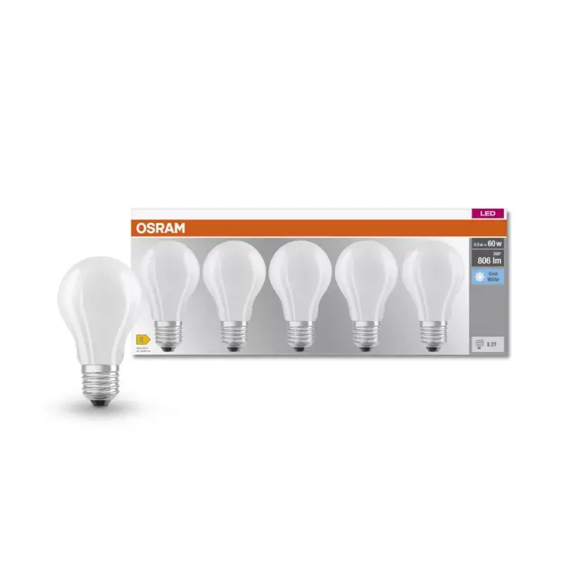 Akciós ár 5x LED izzó A60 E27 6,5 W = 60 W 806 lm 4000 K semleges 300°-os foglalat Osram