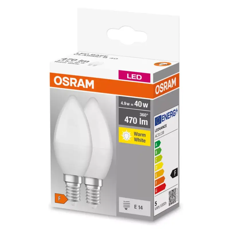 Szuper ajánlat 2x LED izzó B37 gyertya E14 4.9W = 40W 470lm 2700K Meleg 200°-os foglalat Osram