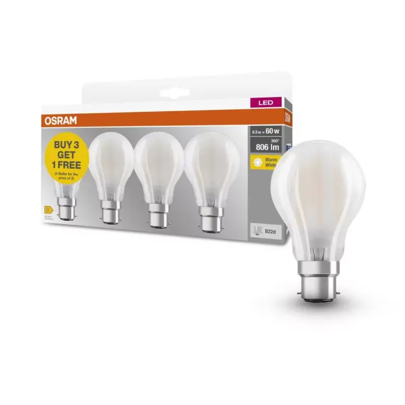 4x LED izzó A60 B22d 6.5W = 60W 806lm 2700K Meleg 300°-os foglalat Osram Korlátozott ajánlat