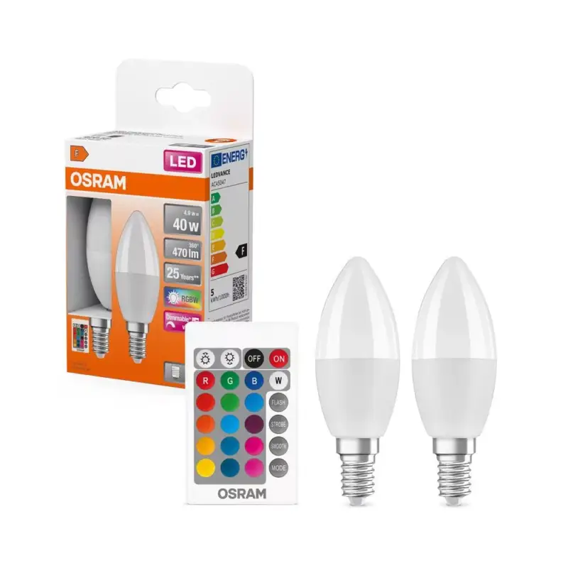 2x LED izzó B37 gyertya E14 4.9W = 40W 470lm 2700K RGBW 200° Szabályozható Távirányítóval Retrofit Izzószálas Osram Expressz szállítás