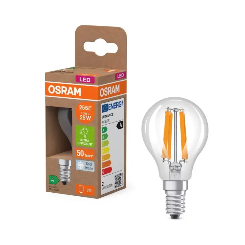 Árcsökkenés LED izzó P45 gömb alakú E14 1.2W = 25W 255lm 4000K Semleges 330° 213lm/W ENERGY CLASSIC EFFICIENCY Osram