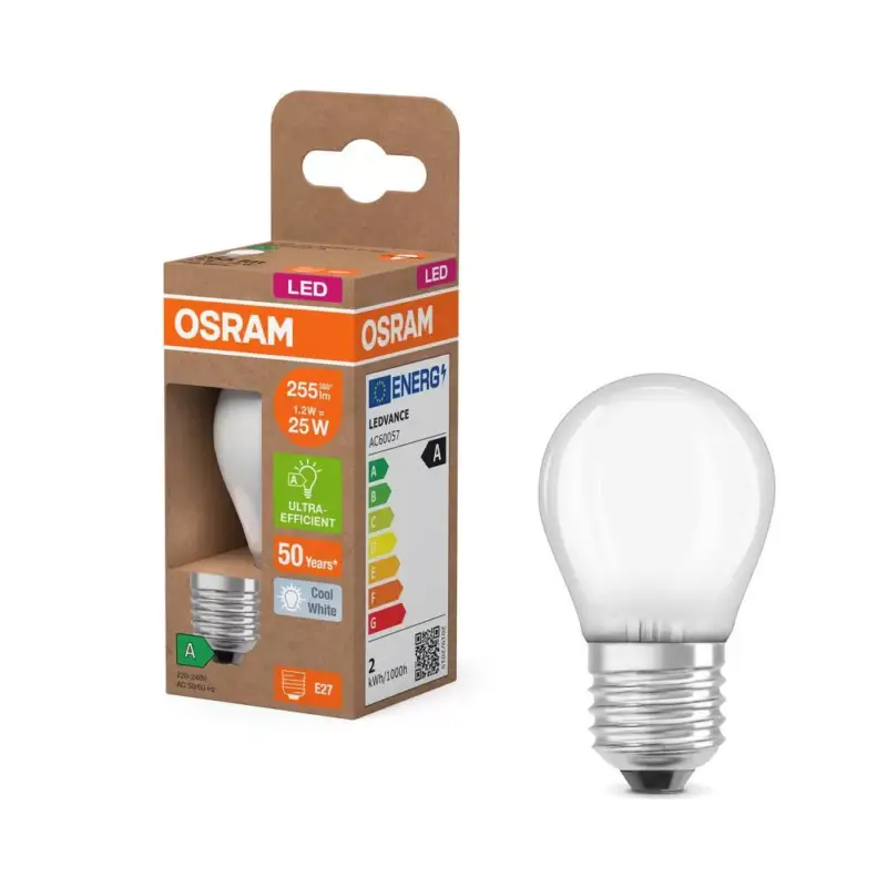 LED izzó P45 gömb alakú E27 1.2W = 25W 255lm 4000K Semleges 330° 213lm/W KLASSZIKUS ENERGIAHATÉKONYSÁG Osram Legkelendőbb