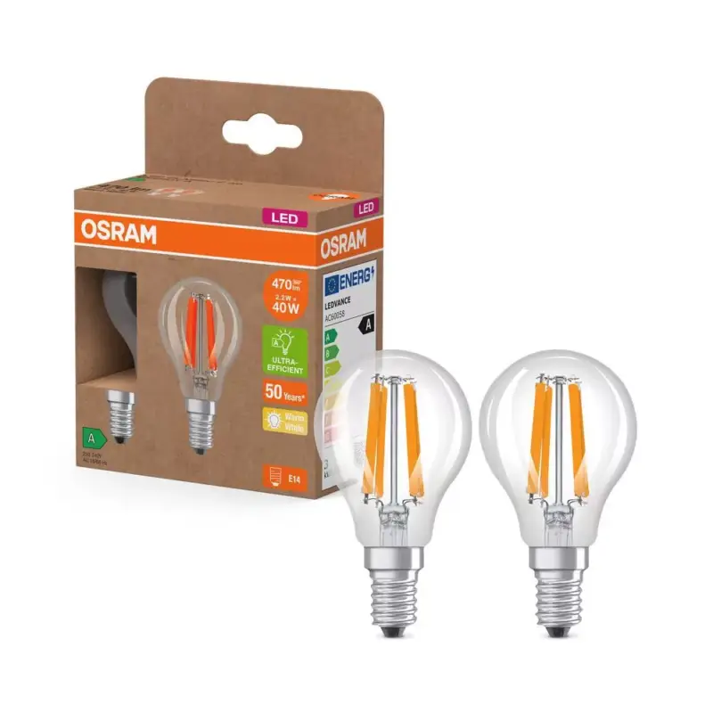 2x LED izzó P45 gömb E14 2.2W = 40W 470lm 2700K Meleg 320° 214lm/W KLASSZIKUS ENERGIAHATÉKONYSÁG Osram Kedvezmény