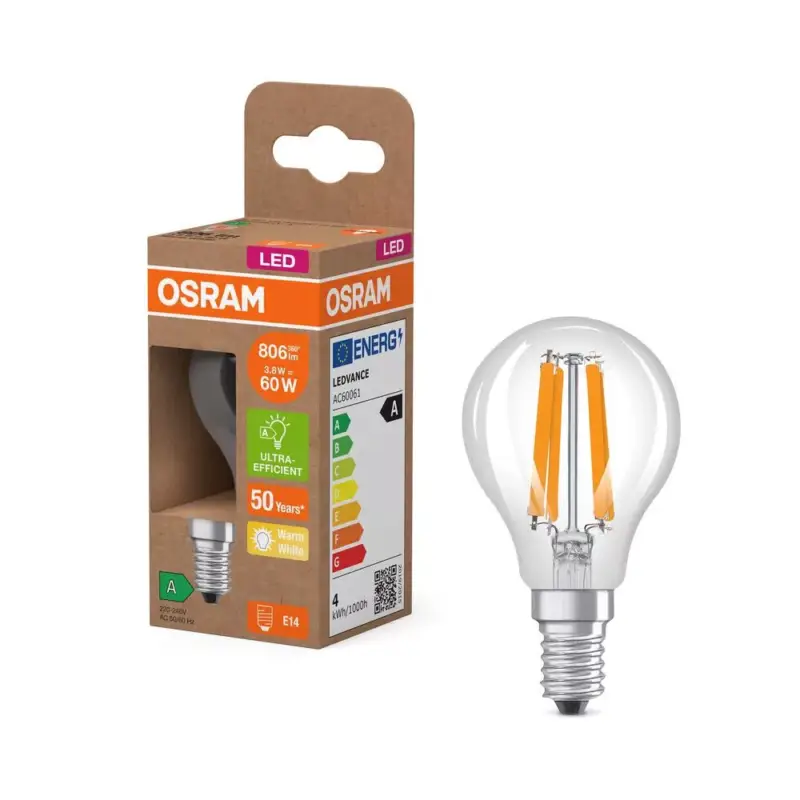 Gyors szállítás LED izzó P45 gömb alakú E14 3.8W = 60W 806lm 2700K Meleg 330° 213lm/W KLASSZIKUS ENERGIAHATÉKONYSÁG Osram