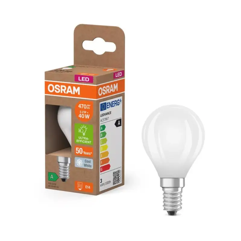 Expressz szállítás LED izzó P45 gömb alakú E14 2.2W = 40W 470lm 4000K Semleges 330° 214lm/W KLASSZIKUS ENERGIAHATÉKONYSÁG Osram