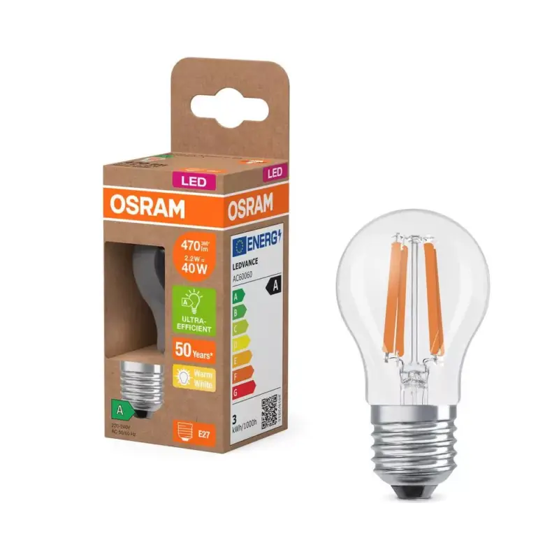 Vásárlói kedvenc LED izzó P45 gömb alakú E27 2.2W = 40W 470lm 2700K Meleg 320° 214lm/W KLASSZIKUS ENERGIAHATÉKONYSÁG Osram