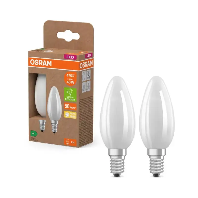 2x LED izzó B35 gyertya E14 2.2W = 40W 470lm 2700K Meleg 330° 214lm/W KLASSZIKUS ENERGIAHATÉKONYSÁG Osram Biztonságos vásárlás