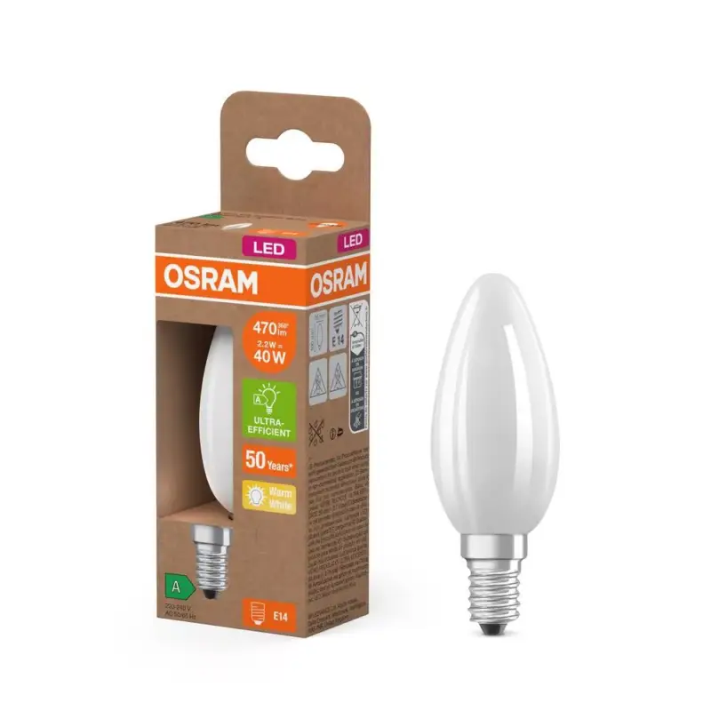 LED izzó B35 gyertya E14 2.2W = 40W 470lm 2700K Meleg 330° 214lm/W KLASSZIKUS ENERGIAHATÉKONYSÁG Osram Gyors szállítás