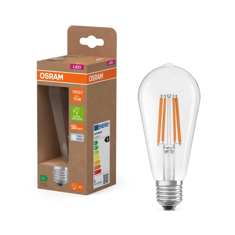LED izzó ST64 E27 5W = 75W 1055lm 4000K Semleges 330° Izzószálas KLASSZIKUS ENERGIAHATÉKONYSÁG Osram Outlet