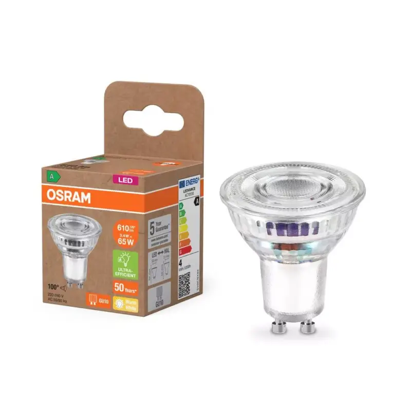 LED izzó PAR16 reflektor GU10 3.3W = 65W 600lm 2700K Meleg 100° 182lm/W Energiahatékonyság Osram Vedd meg online