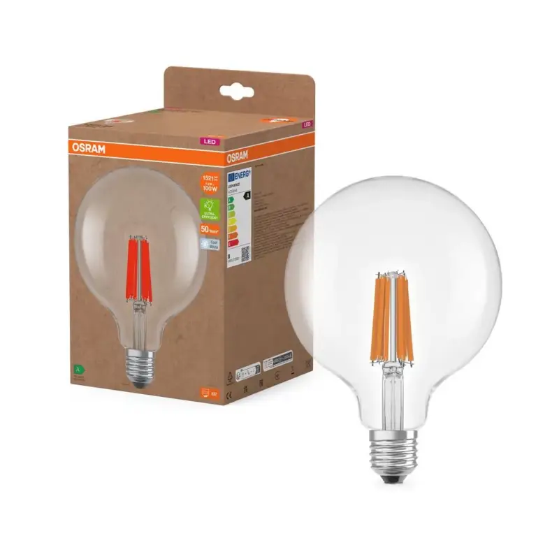 LED izzó G125 gömb alakú E27 7.2W = 100W 4000K 1521lm Semleges 330° Izzószálas KLASSZIKUS ENERGIAHATÉKONYSÁG Osram Expressz kézbesítés
