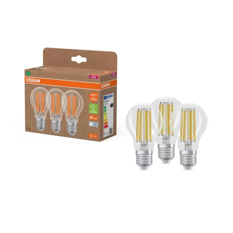 Olcsóbb 3x LED izzó A60 E27 7.2W = 100W 4000K 1521lm Semleges 320° Izzószálas KLASSZIKUS ENERGIAHATÉKONYSÁG Osram