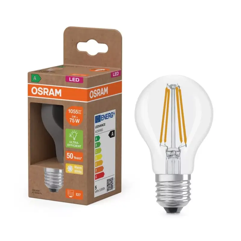 Kedvezményes ár LED izzó A60 E27 5W = 75W 2700K 1055lm Meleg 300° Izzószálas KLASSZIKUS ENERGIAHATÉKONYSÁG Osram