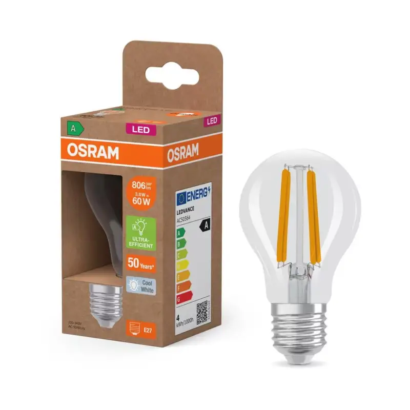 Árengedmény LED izzó A60 E27 3.8W = 60W 4000K 806lm Semleges 320° Izzószálas KLASSZIKUS ENERGIAHATÉKONYSÁG Osram
