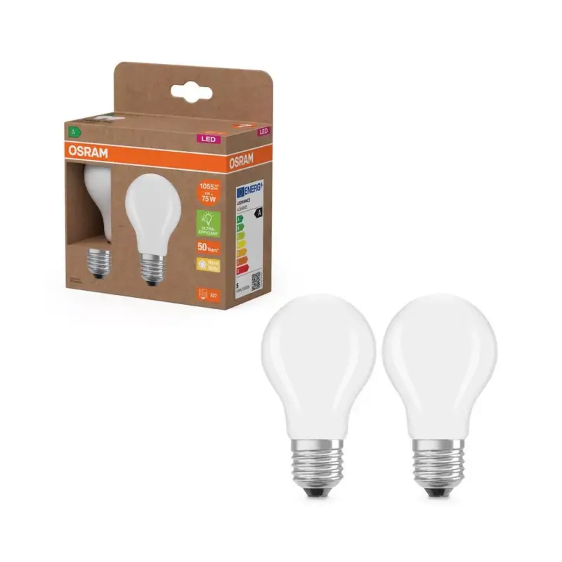2x LED izzó A60 E27 5W = 75W 2700K 1055lm Meleg 300° Izzószálas KLASSZIKUS ENERGIAHATÉKONYSÁG Osram Kedvezmény