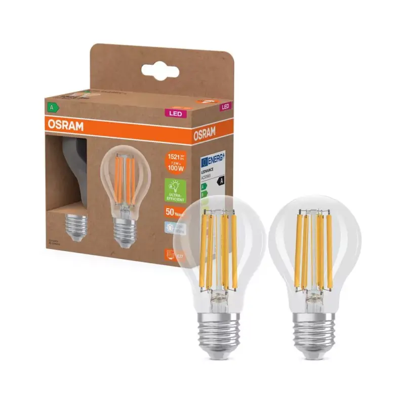 Akciós ár 2x LED izzó A60 E27 7.2W = 100W 4000K 1521lm Semleges 320° Izzószálas KLASSZIKUS ENERGIAHATÉKONYSÁG Osram