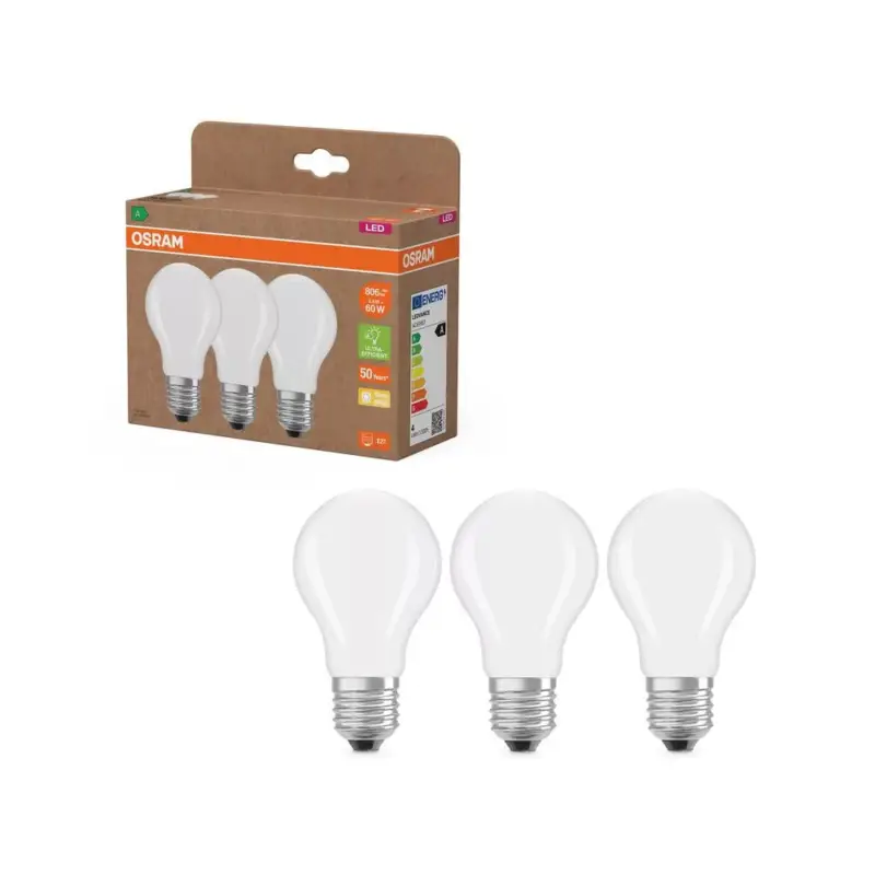 3x LED izzó A60 E27 3.8W = 60W 806lm 2700K Meleg 300° Izzószálas KLASSZIKUS ENERGIAHATÉKONYSÁG Osram Biztonságos fizetés