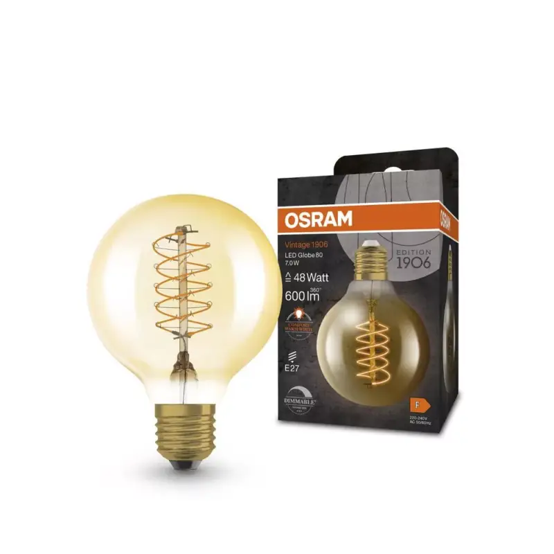 Legjobb ár LED dekoratív izzó G80 gömb alakú E27 7W = 48W 600lm 2200K Meleg 320° Izzószálas, szabályozható fényerővel, Vintage 1906 Osram