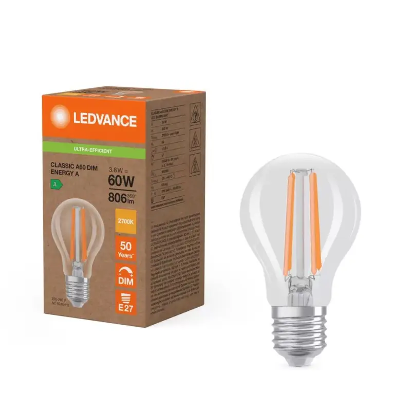 LED izzó E27 A60 3.8W = 60W 806lm 2700K Meleg 320° Szabályozható Ledvance Kedvezményes ár