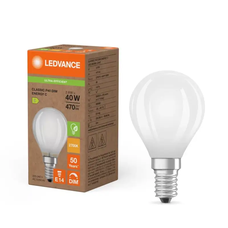 LED gömbizzó E14 P45 2.9W = 40W 470lm Meleg színhőmérséklet 2700K 300° Szabályozható fényerő Ledvance Olcsó