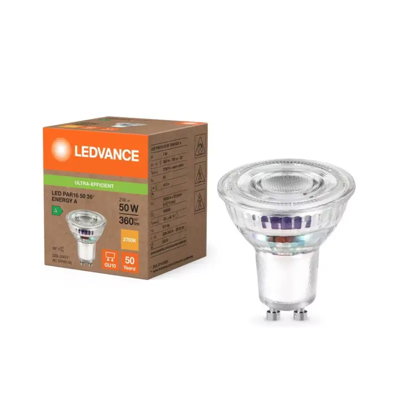 LED izzó spotlámpa GU10 PAR16 2W = 50W 360lm Meleg 2700K 36° Ledvance Expressz kézbesítés