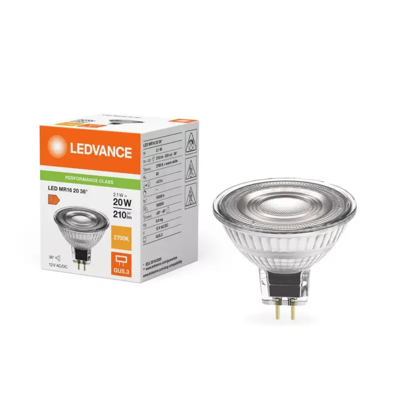 Rendeld meg most LED izzó reflektor GU5.3 MR16 2.1W = 20W 210lm 2700K Meleg 36° 12V Ledvance