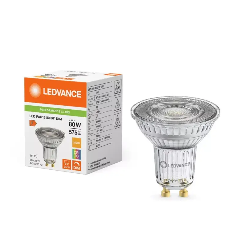 Azonnal elérhető LED izzó spotlámpa GU10 PAR16 7W = 80W 575lm 2700K Meleg 36° CRI90 Szabályozható Ledvance