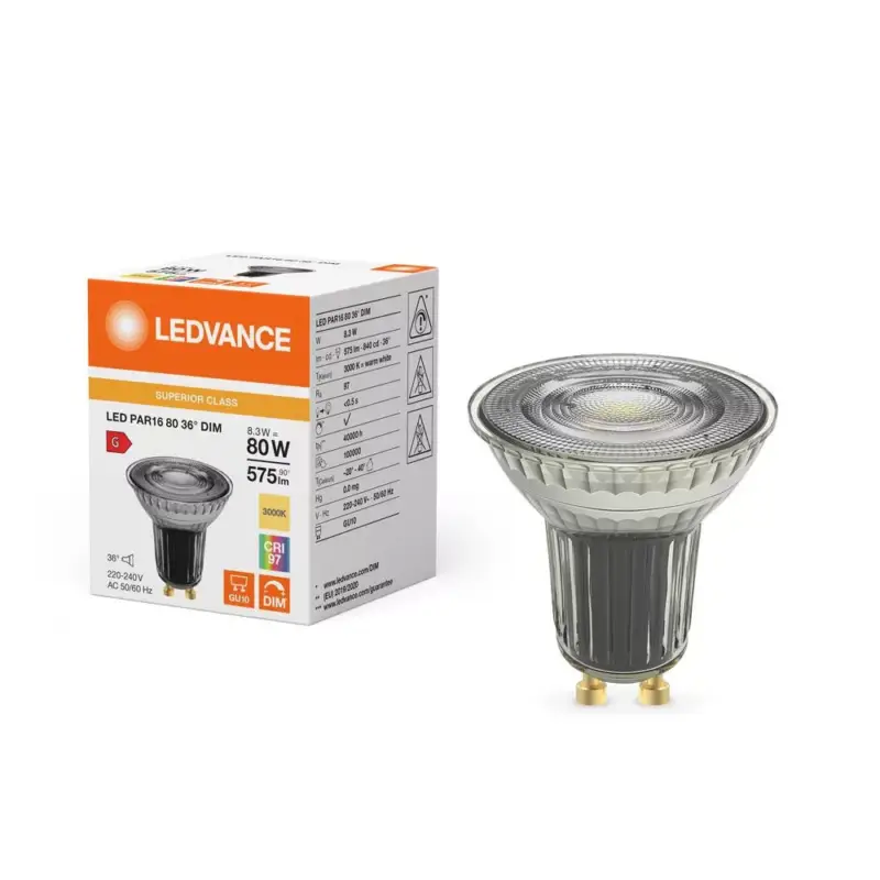 LED izzó spotlámpa GU10 PAR16 8.3W = 80W 575lm 3000K Meleg 36° CRI97 Szabályozható Ledvance Szuper ajánlat