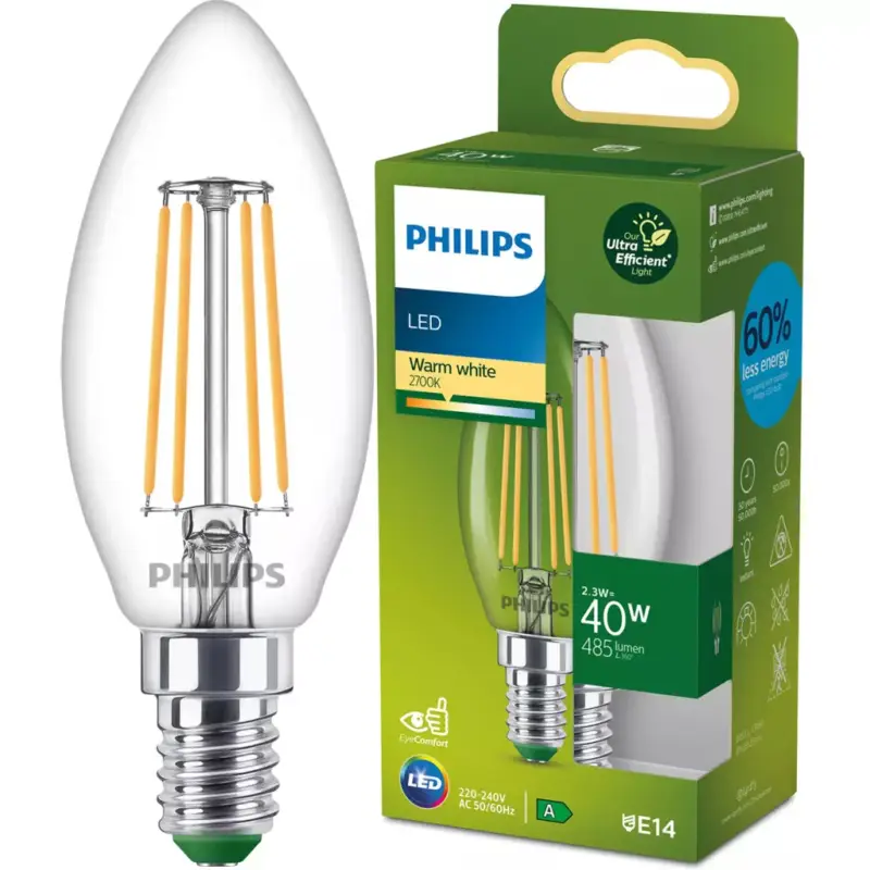 Vedd meg most LED izzó E14 gyertya B35 2.3W = 40W 485lm 210lm/W Meleg 2700K 300° A osztályú UltraEfficient Philips