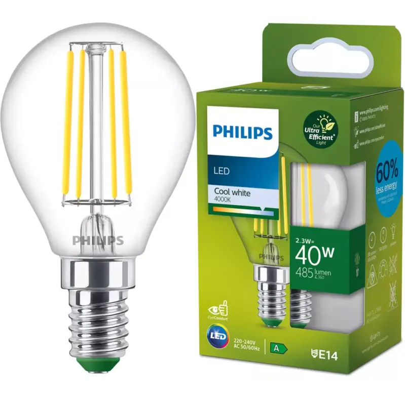 LED izzó E14 gömb alakú P45 2,3 W = 40 W 485 lm 210 lm/W 4000 K Semleges 300° A OSZTÁLY UltraEfficient Philips Nézd meg most