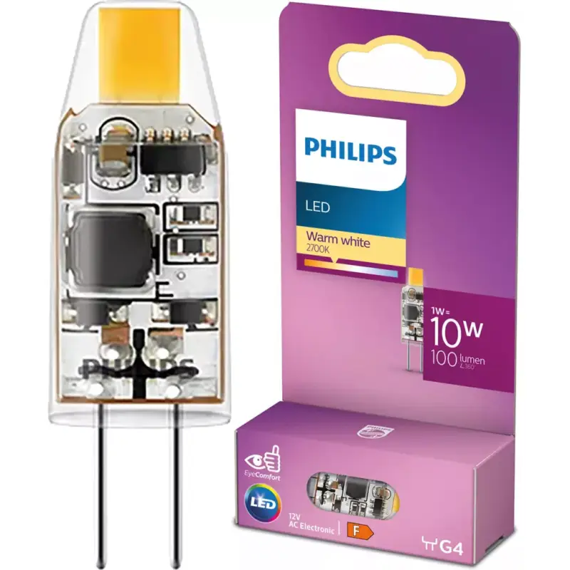 Biztonságos fizetés G4 LED kapszulaizzó 1W = 10W 100lm 2700K Meleg 12V Philips