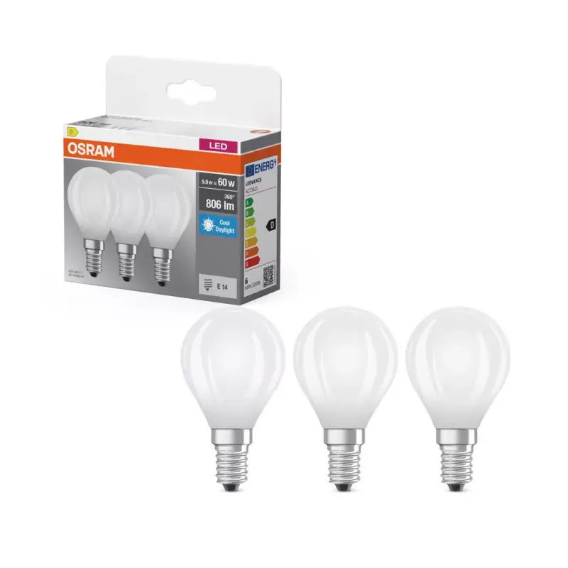 3x LED izzó P45 gömb E14 5.9W = 60W 806lm 6500K Hideg 300° foglalat Osram Exkluzív ajánlat