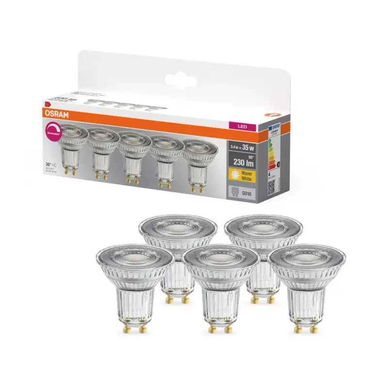 Árcsökkenés 5x LED izzó PAR16 spotlámpa GU10 3.4W = 35W 230lm 2700K Meleg CRI90 36° Szabályozható foglalat Osram