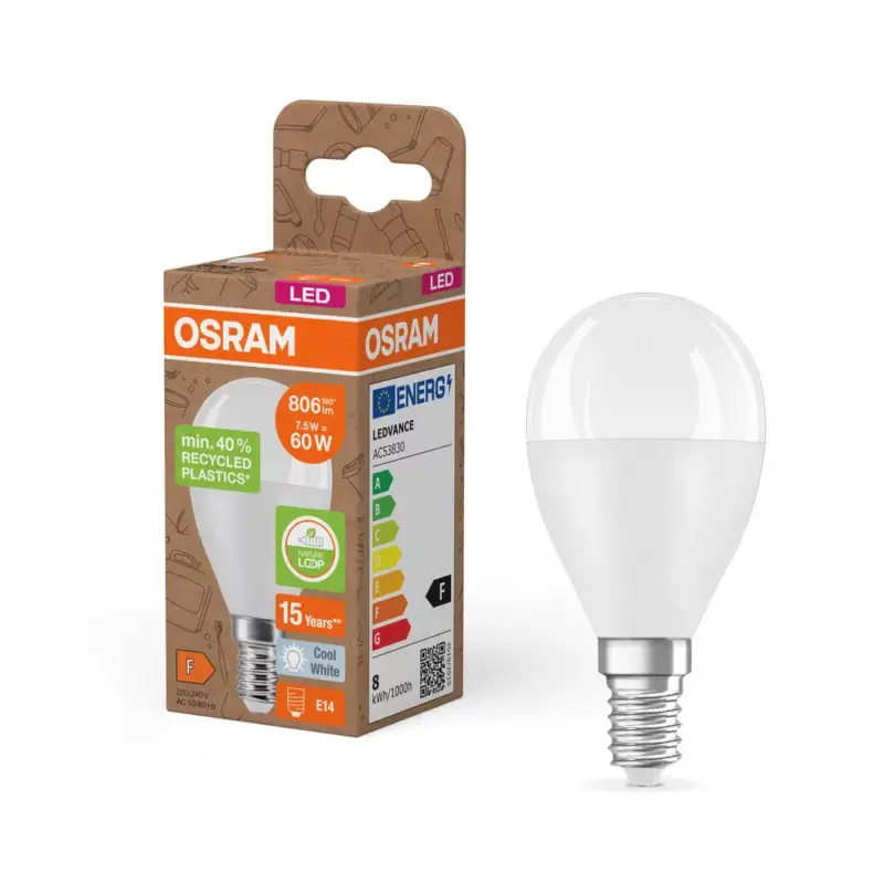 LED izzó P47 gömb alakú E14 7.5W = 60W 806lm 4000K semleges 200° PCR LAMPS Osram Biztonságos fizetés