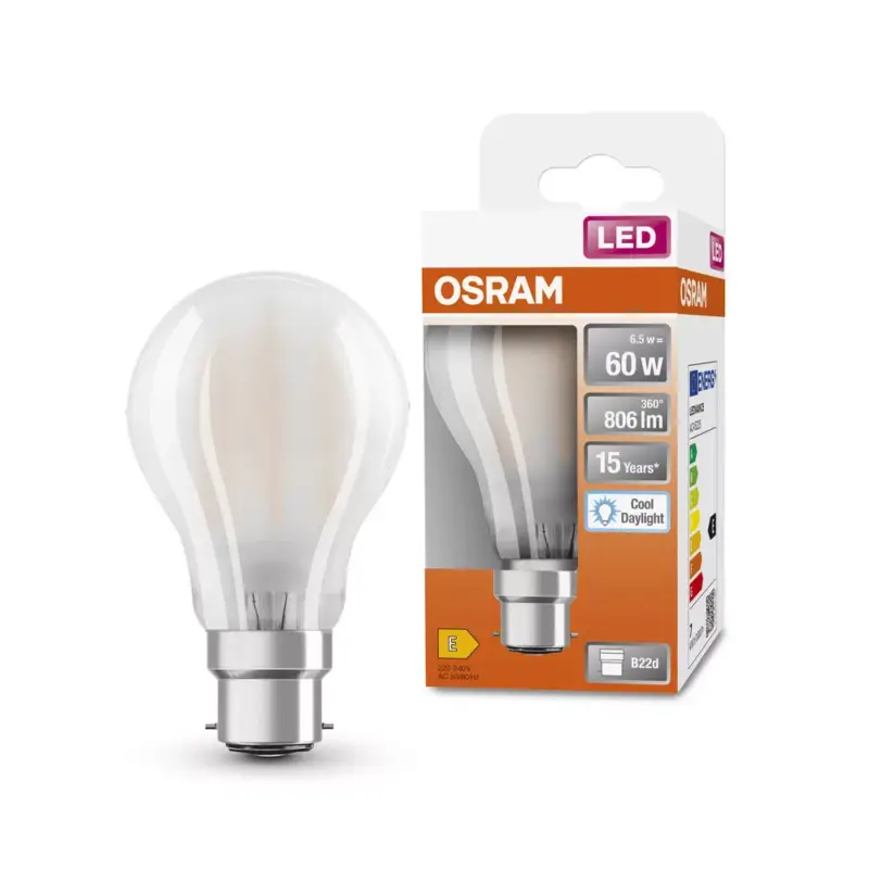 LED izzó A60 B22d 6.5W = 60W 806lm 6500K Hideg 300° Retrofit CLASSIC Filament Osram Prémium