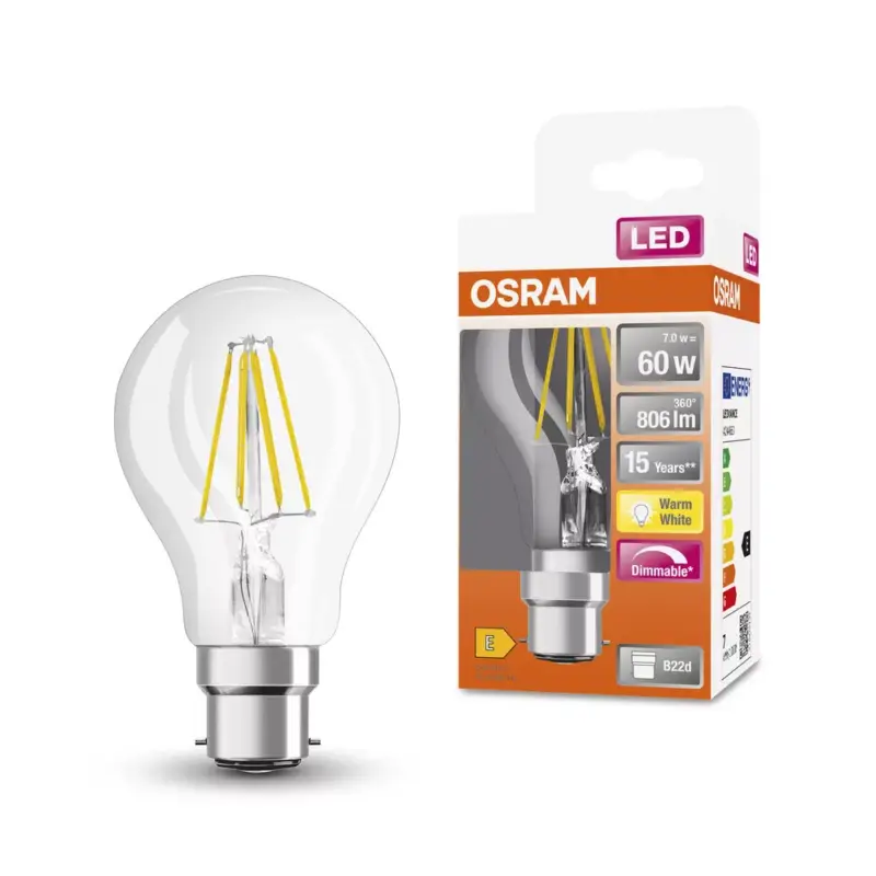 Ajánlat LED izzó A60 B22d 7W = 60W 806lm 2700K Meleg 300° Szabályozható Retrofit Filament CLASSIC Osram
